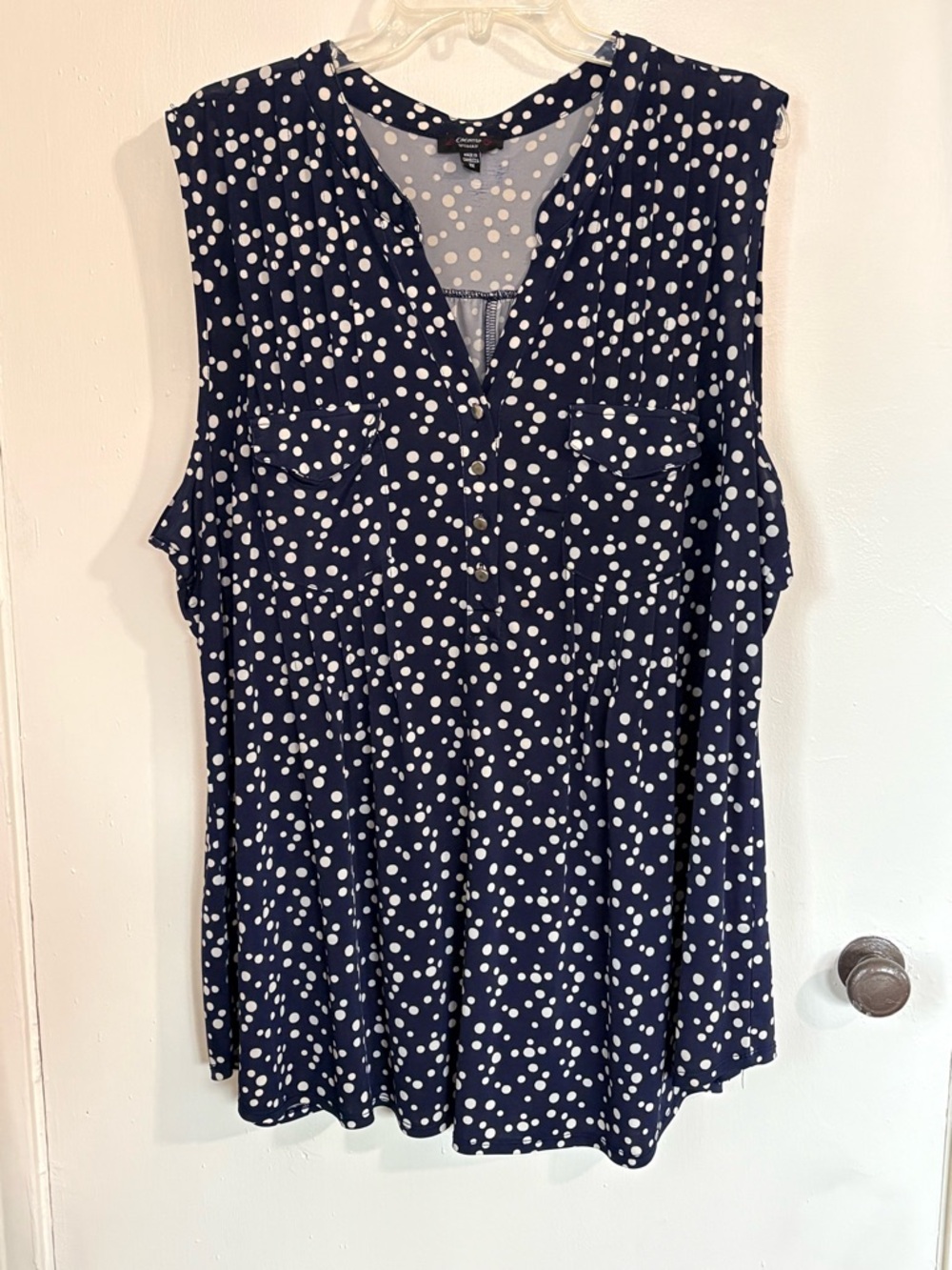 Cocomo Polka Dot Sleeveless, V-Neck Blouse Navy White 3X - Tunic Length